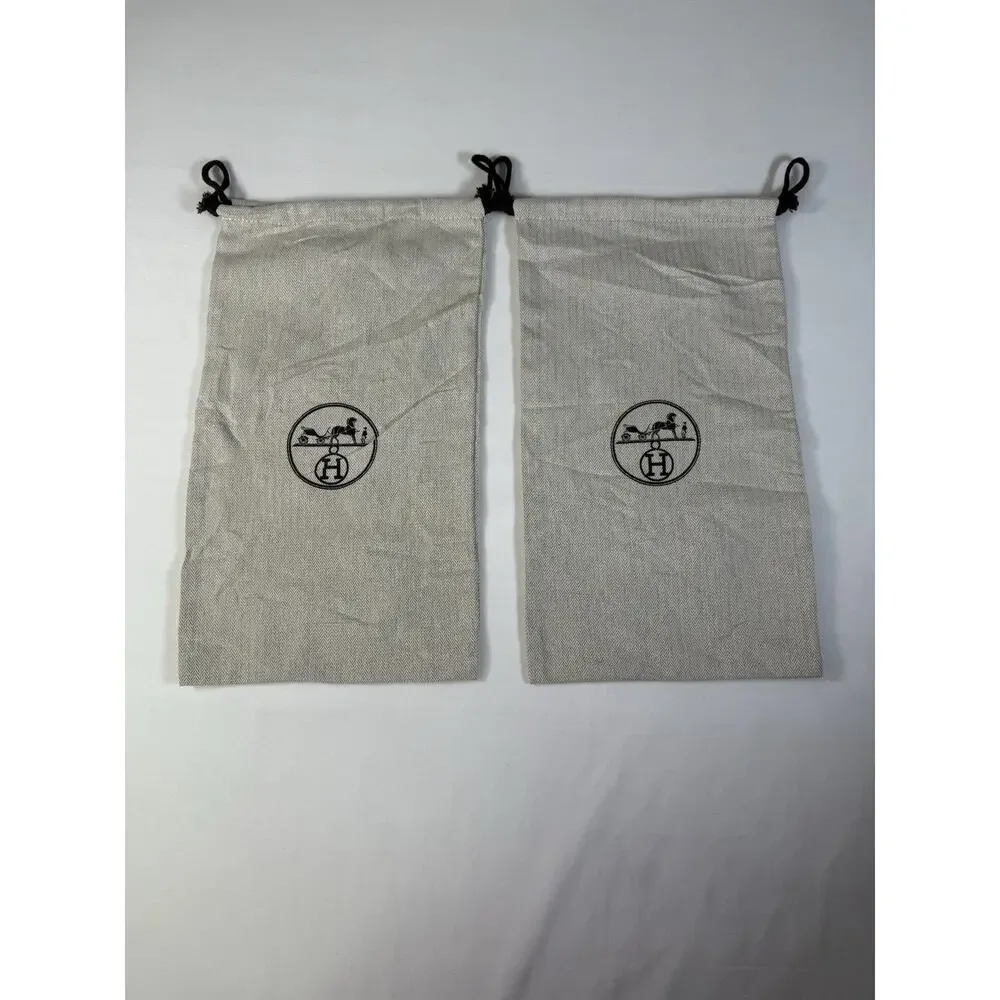 HERMES Dust Bag 2pc Lot Herringbone Beige Cotton Logo Drawstring 8.5x15 Shoe